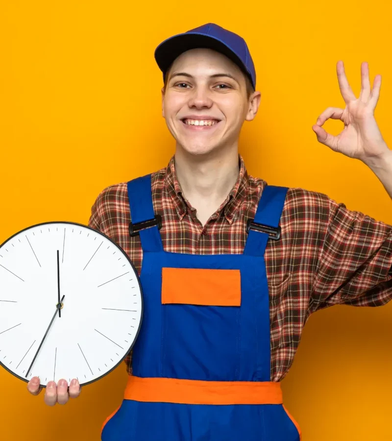 smiling-showing-okay-gesture-young-cleaning-guy-wearing-uniform-cap-holding-wall-clock-qdxun9zxr9mq954lmsjmi855wkbsreiew8dvhutt7s